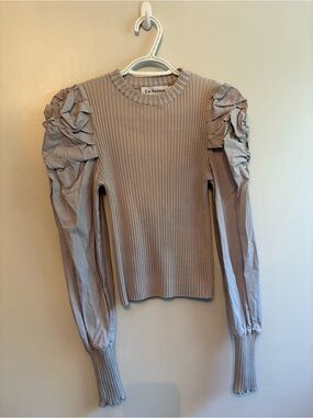 En Saison puff sleeve rib knit shirt